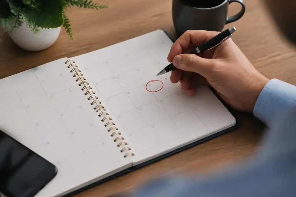 Calendrier entoure en rouge sur un bureau
