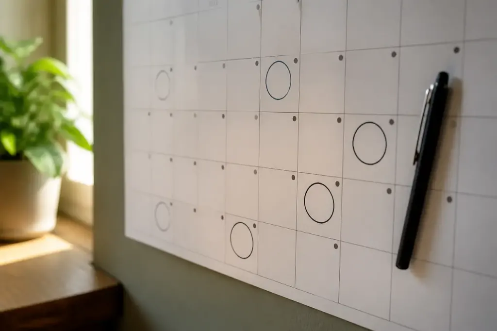 Calendrier mural avec dates entourees et stylo noir
