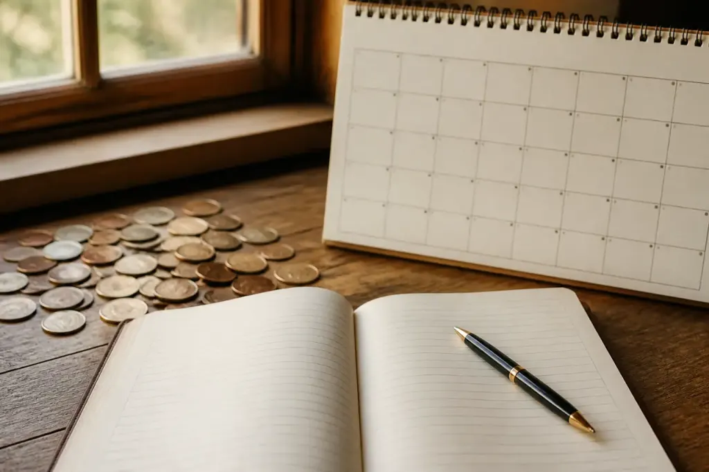 Calendrier mural avec pieces de monnaie et carnet ouvert
