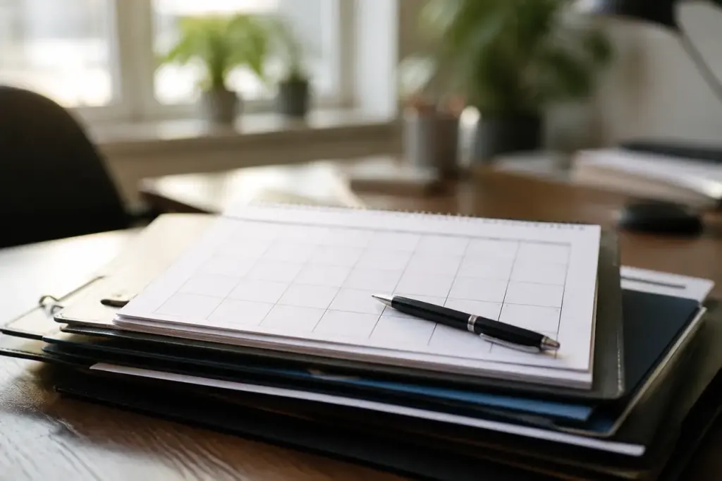 Calendrier papier et stylo poses sur dossier