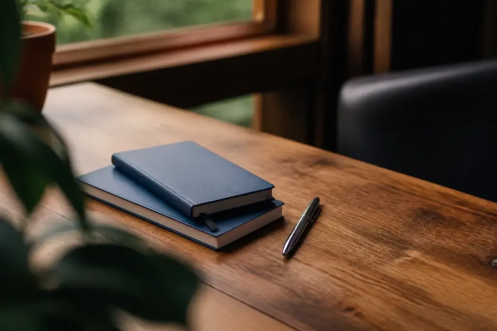 Deux carnets bleus et un stylo sur bureau