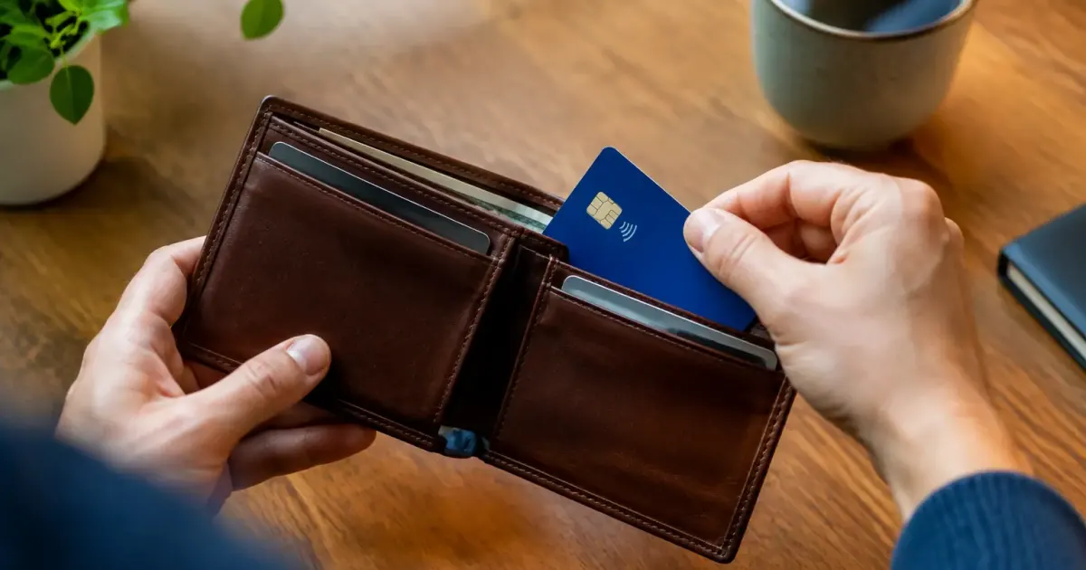 Carte bancaire posee sur un portefeuille ouvert