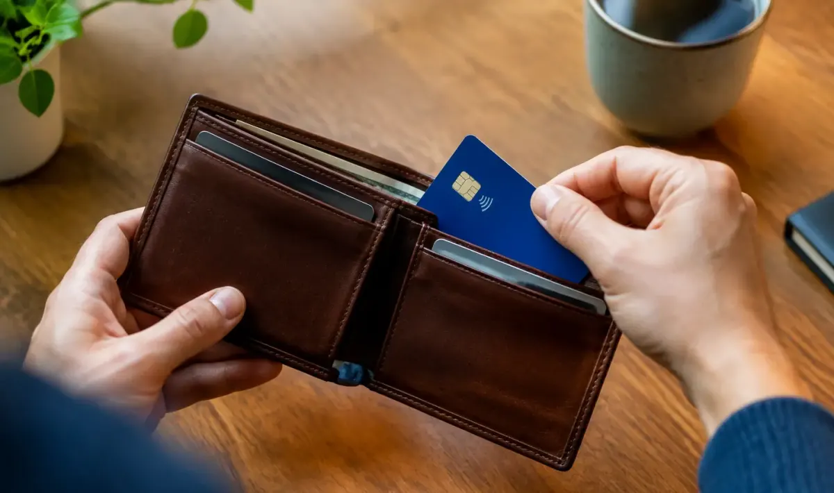 Carte bancaire posee sur un portefeuille ouvert
