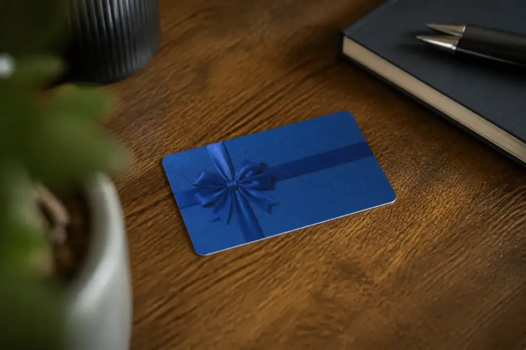 Carte cadeau bleue posee sur un bureau en bois
