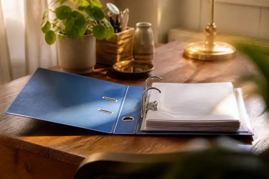 Classeur bleu ouvert sur un bureau en bois