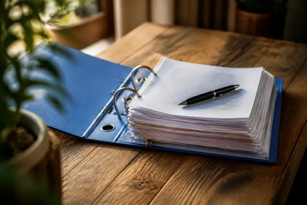 Classeur bleu ouvert contenant des factures et stylo noir