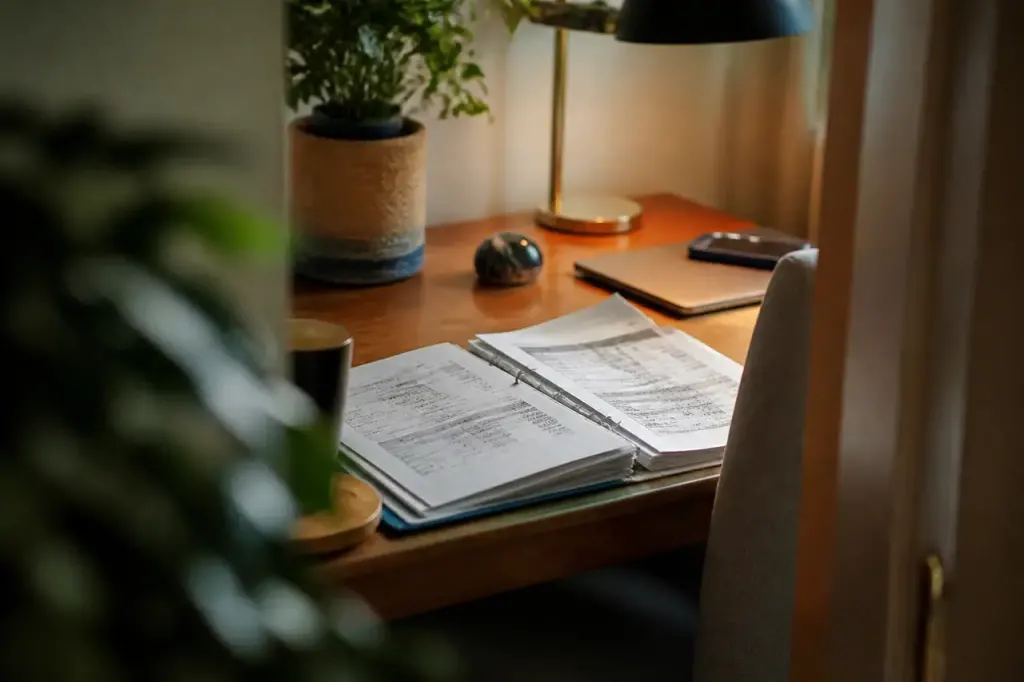 Classeur ouvert avec releves bancaires sur un bureau