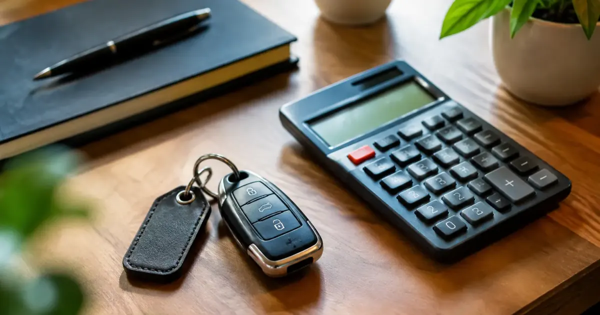 Cles de berline et calculatrice posees sur un bureau