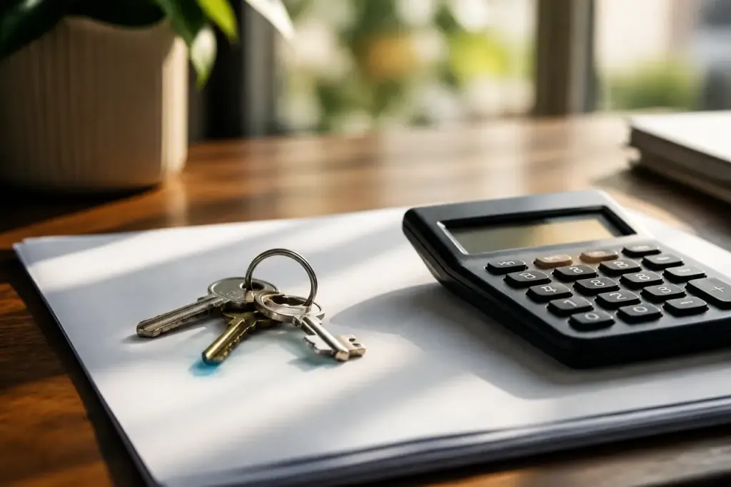 Clés et calculatrice posées sur un contrat immobilier