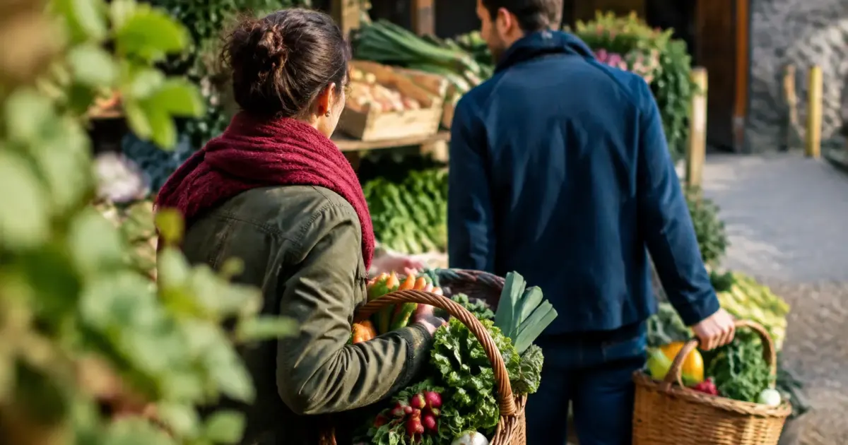 Deux clients portent des paniers remplis de legumes