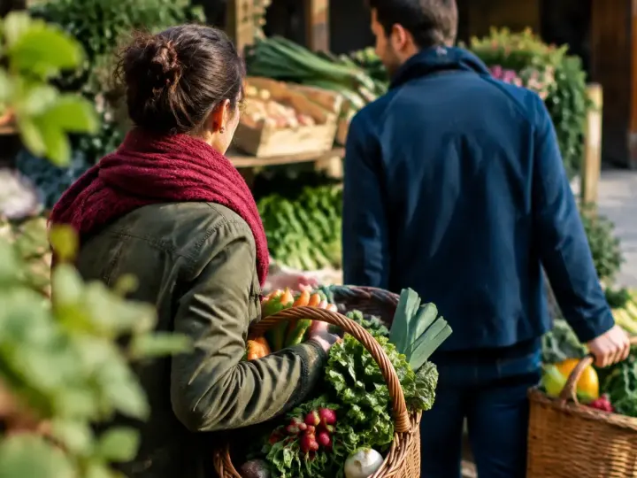 Deux clients portent des paniers remplis de legumes