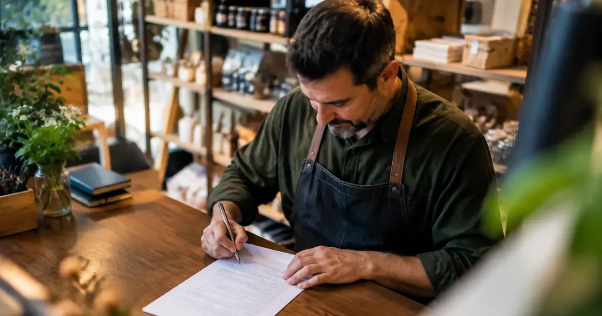 Commercant assis signant un contrat sur son comptoir