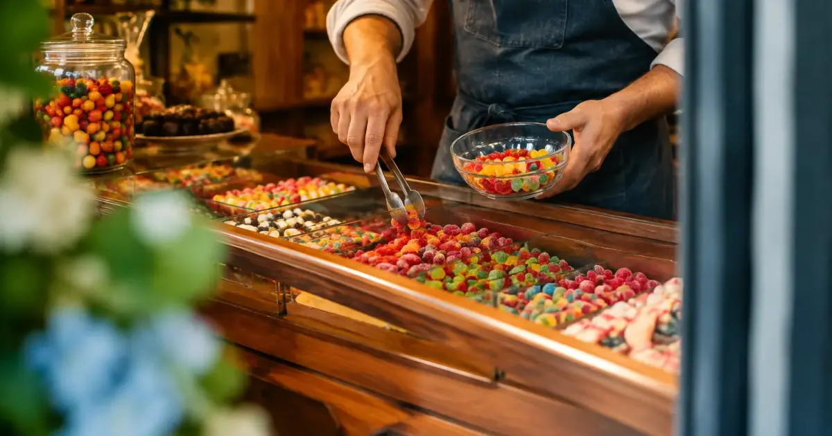 Commercant en tablier disposant des bonbons dans une vitrine