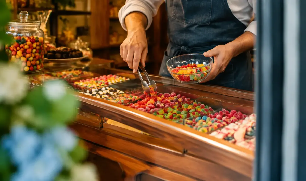 Commercant en tablier disposant des bonbons dans une vitrine