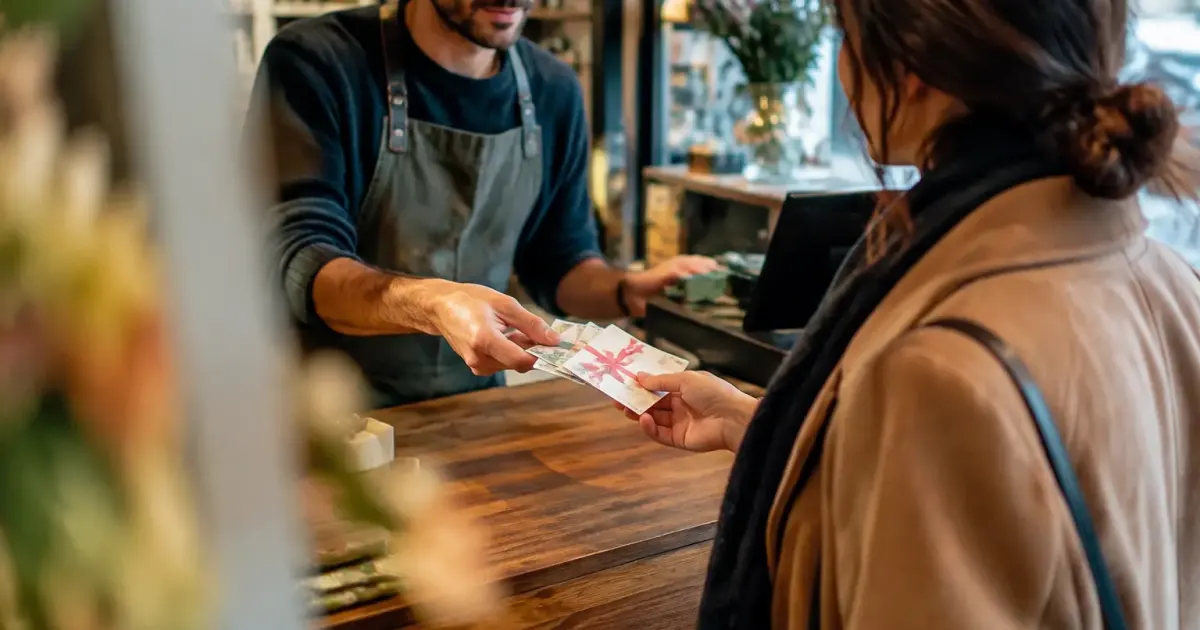 Commercant tendant des coupons a une cliente au comptoir