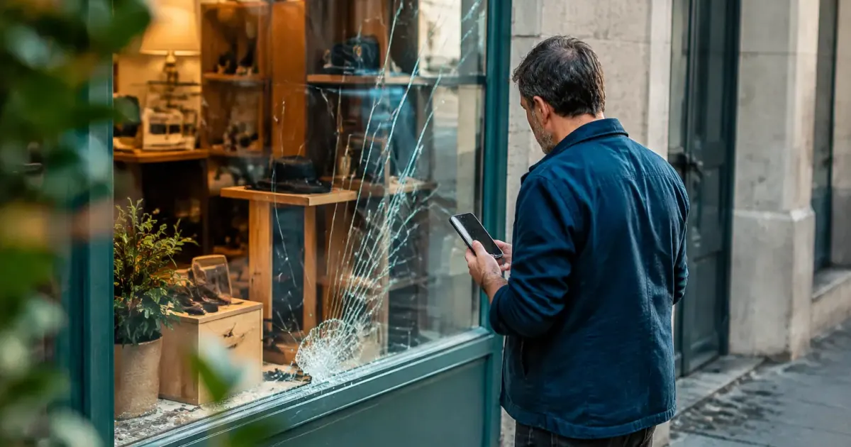 Commercant debout devant une vitrine brisee tenant un telephone