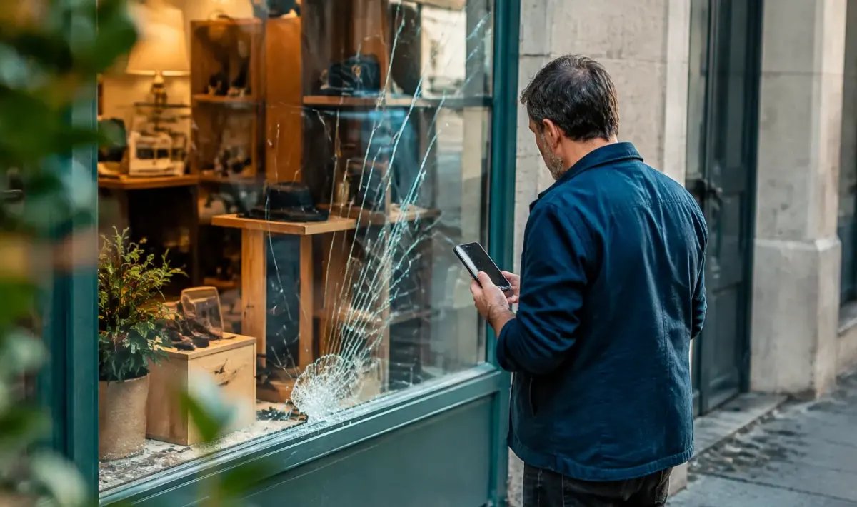 Commercant debout devant une vitrine brisee tenant un telephone