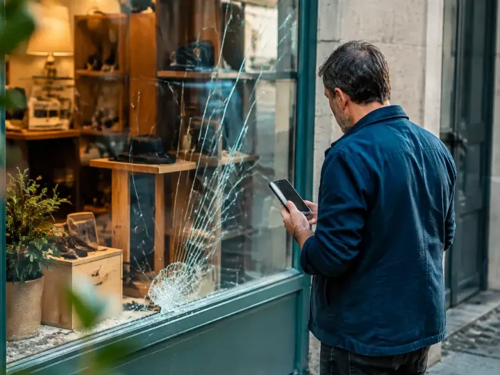 Commercant debout devant une vitrine brisee tenant un telephone