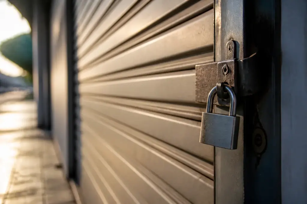 Commerce ferme, rideau metallique baisse, cadenas sur la porte