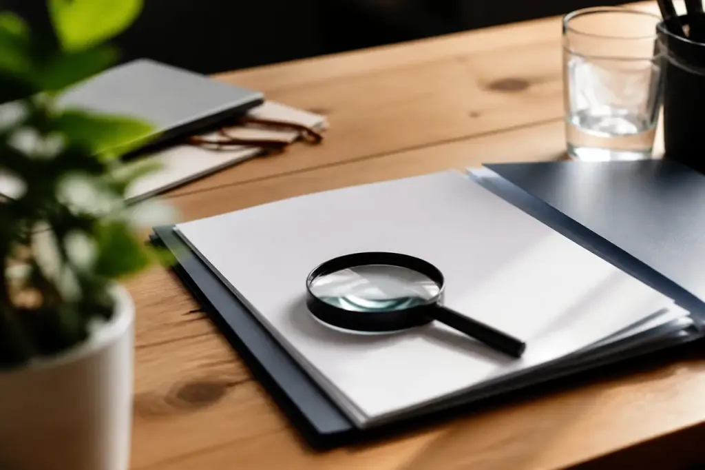 Contrat assurance ouvert sur bureau avec loupe