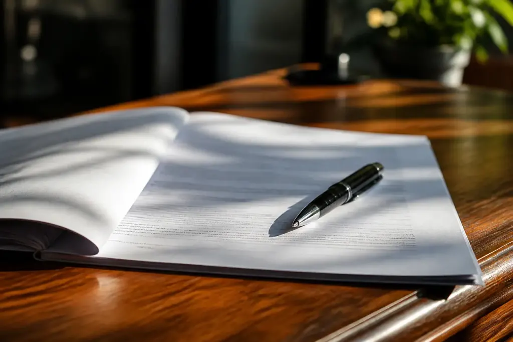 Contrat ouvert stylo sur table en bois