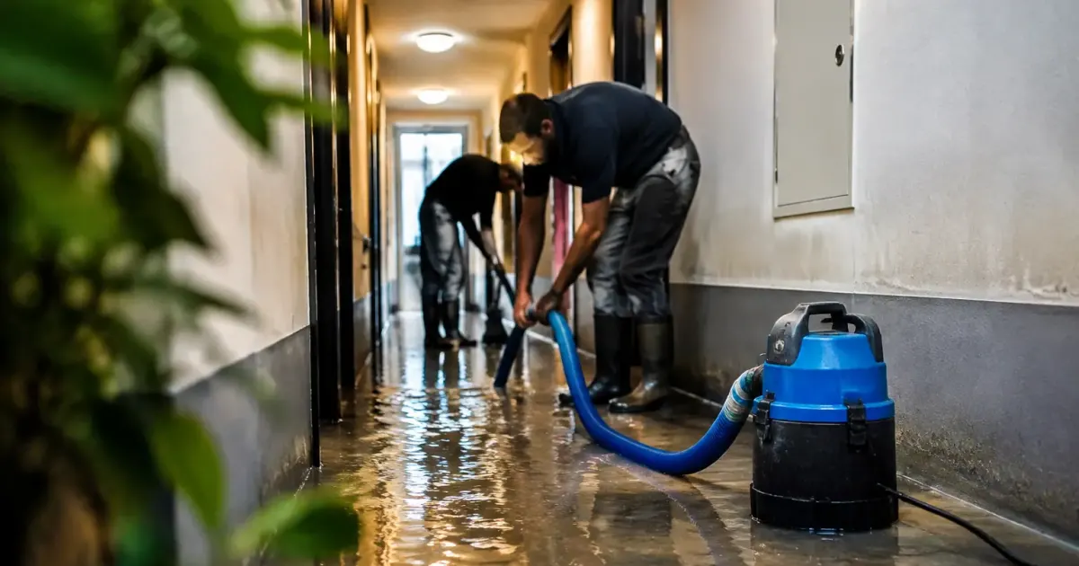 Couloir inondé d'immeuble avec ouvriers pompant l'eau au sol