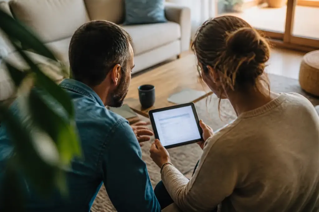 Couple consultant releve bancaire sur tablette au salon