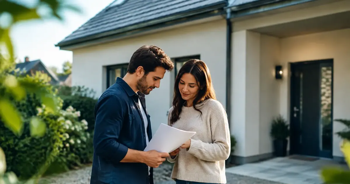 Couple debout devant une maison tenant un dossier papier