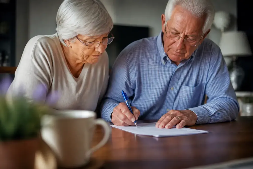 Couple senior signant un document avec un stylo bleu