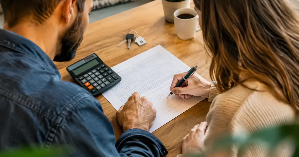 Couple signant des papiers avec calculette et cles