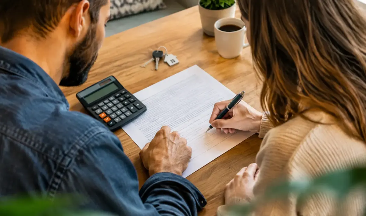 Couple signant des papiers avec calculette et cles