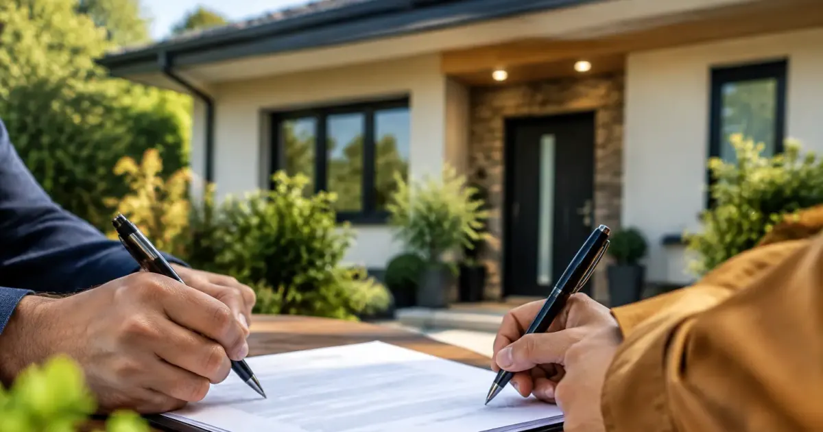 Deux adultes signent des papiers devant une maison