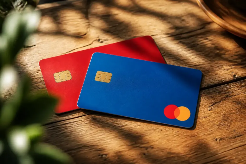 Deux cartes bancaires colorees posees sur une table