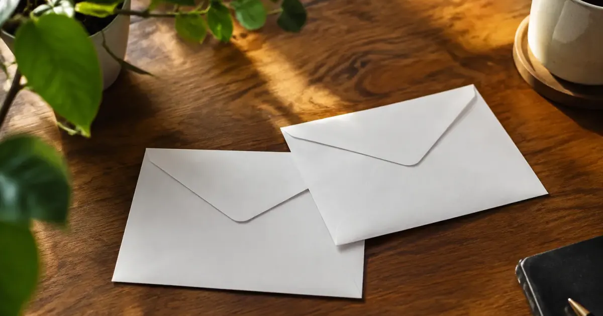 Deux enveloppes posees cote a cote sur un bureau