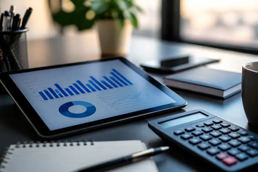 Dirigeant analysant graphiques sur tablette avec calculatrice