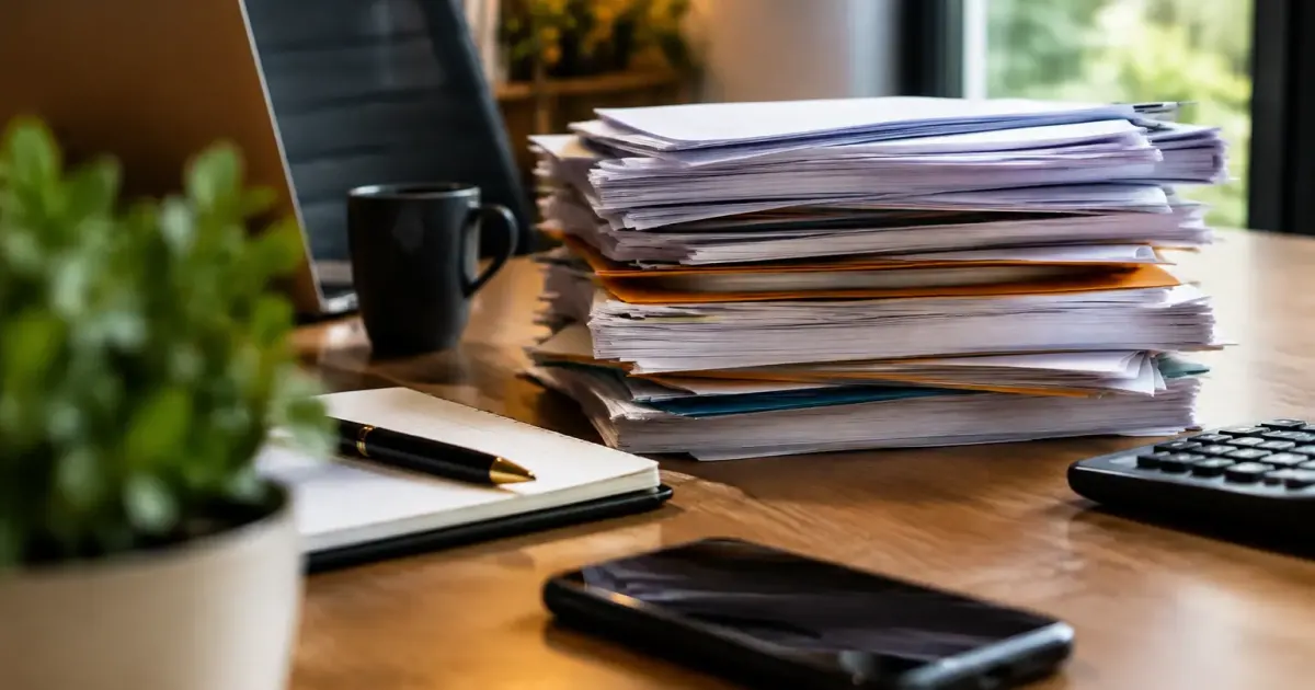 Dirigeant assis devant une pile de factures sur bureau
