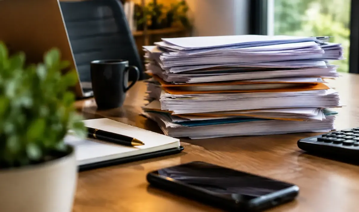 Dirigeant assis devant une pile de factures sur bureau