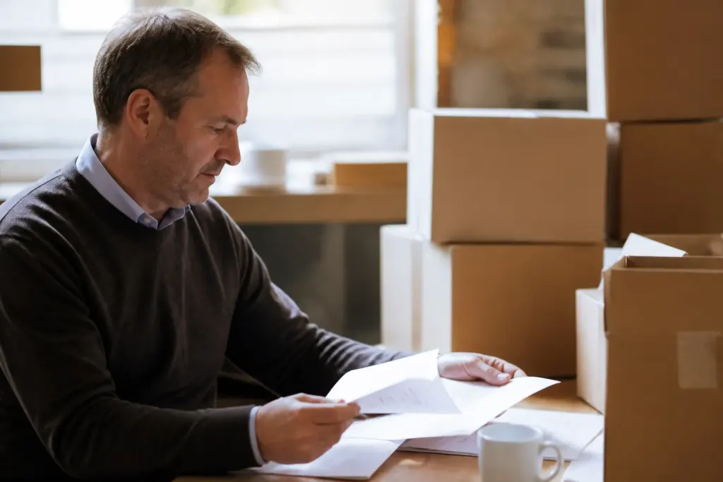 Dirigeant consultant des factures pres de cartons empiles
