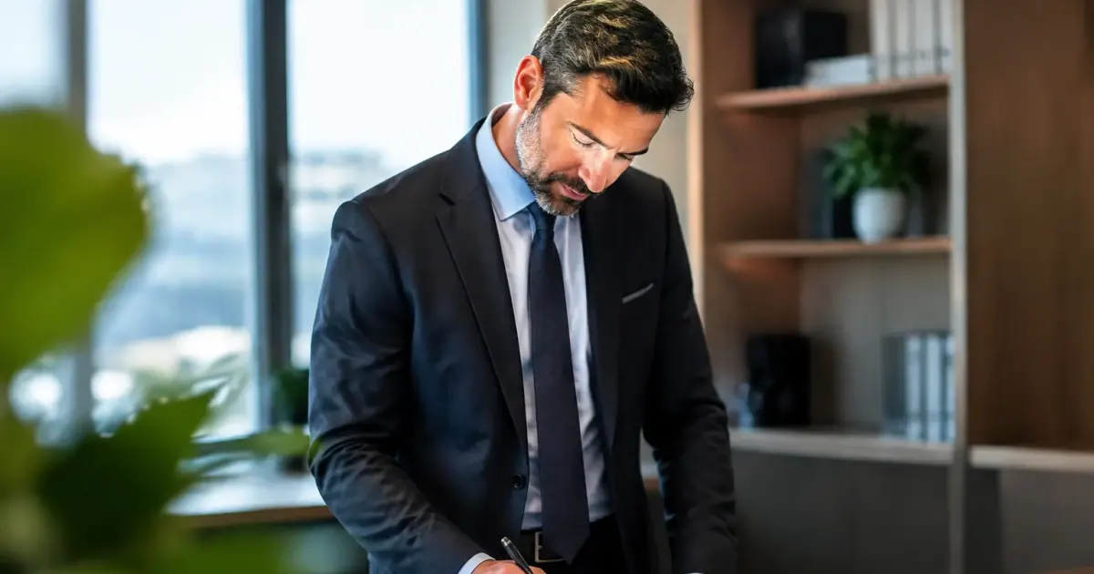 Dirigeant debout signe un contrat de pret au bureau