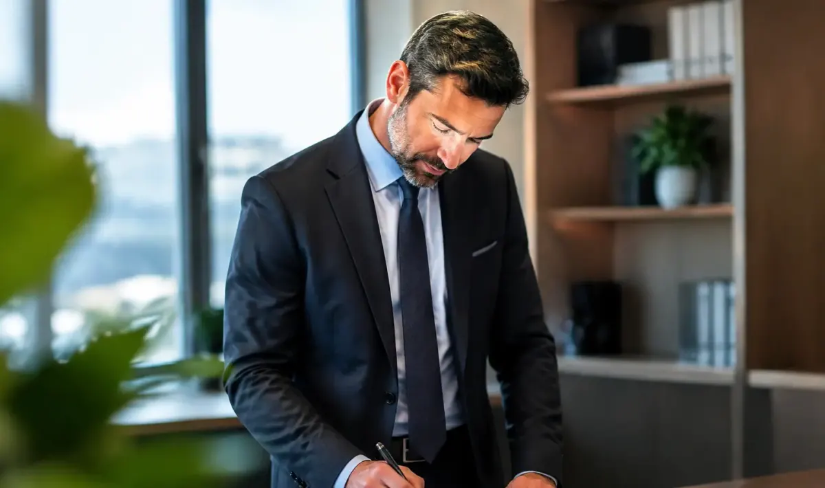 Dirigeant debout signe un contrat de pret au bureau