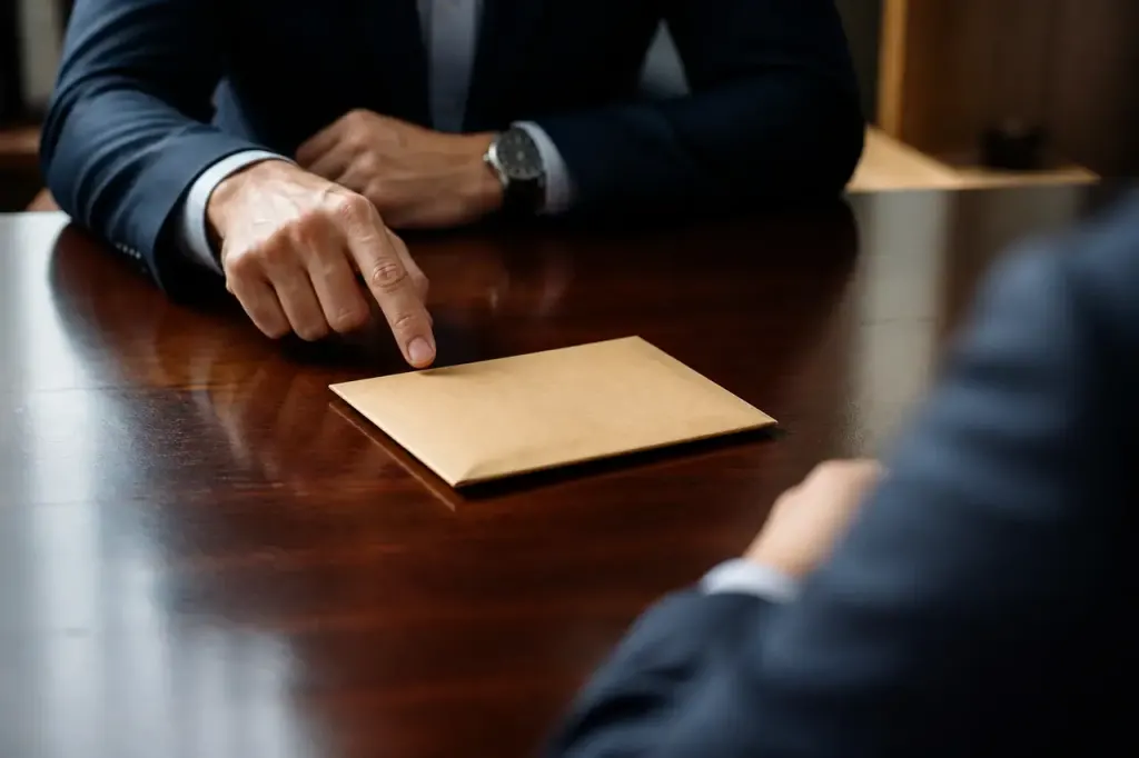 Dirigeant pointant une enveloppe de primes sur un bureau