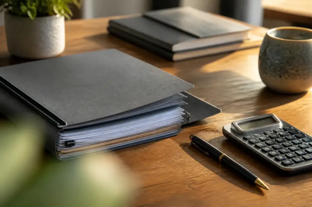 Dossier bancaire ouvert avec calculatrice et stylo sur bureau