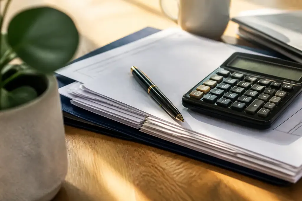 Dossier de credit, calculatrice et stylo sur bureau