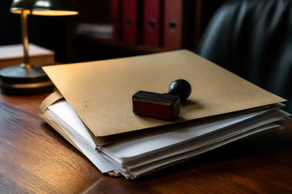 Dossier juridique ouvert sur bureau avec tampon rouge