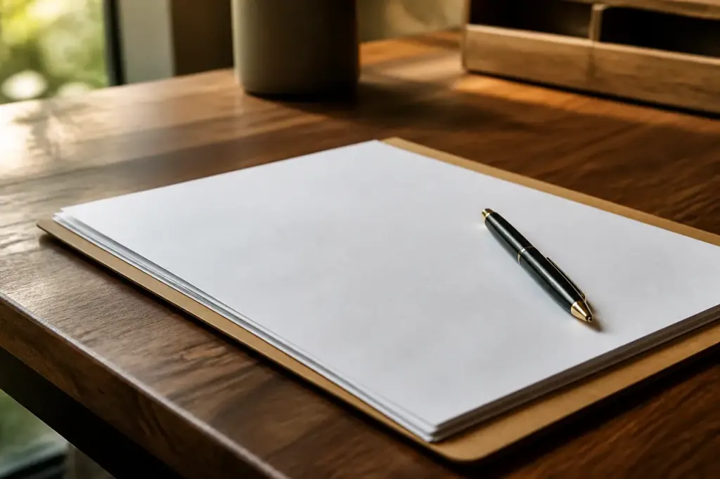 Dossier papier et stylo poses sur un bureau