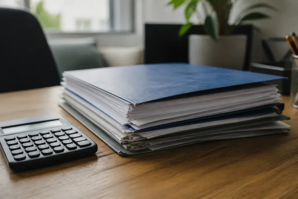 Dossier de statuts et calculatrice sur bureau en bois