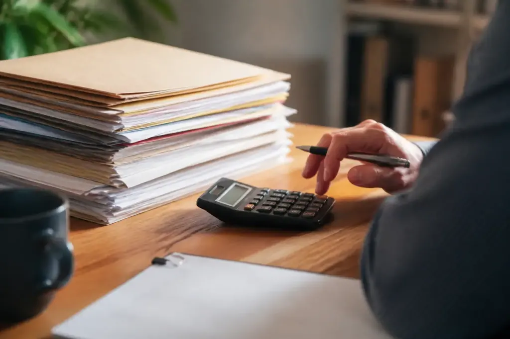 Dossiers et calculatrice sur une table en bois