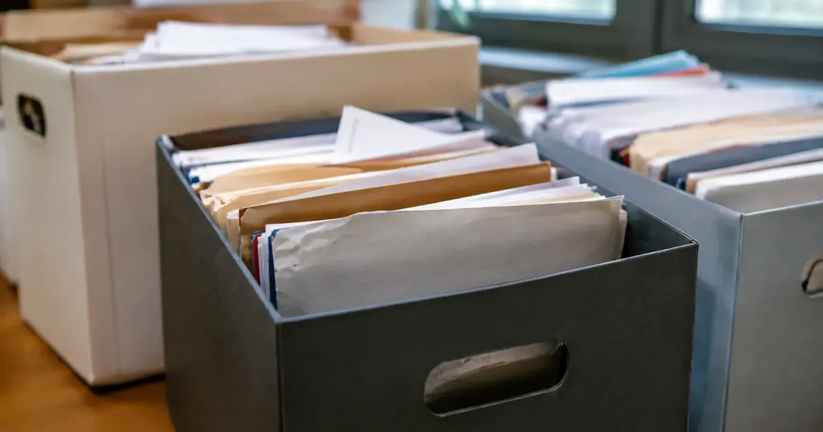 Dossiers empiles dans des boites de rangement