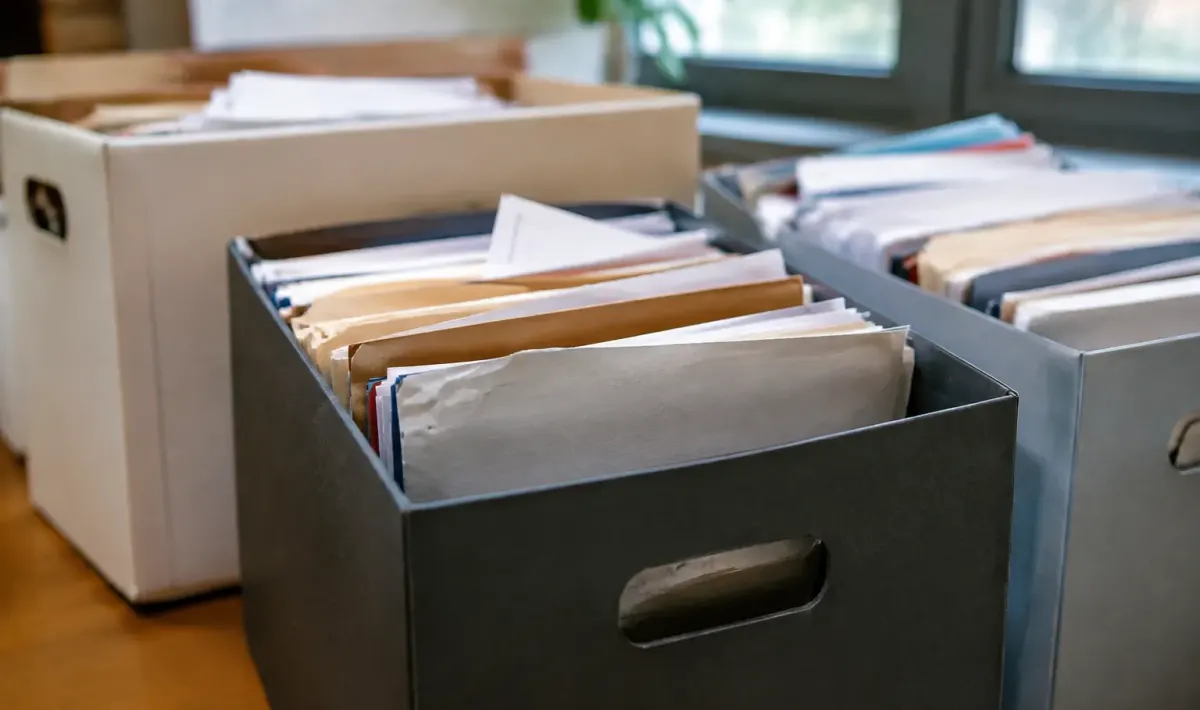 Dossiers empiles dans des boites de rangement