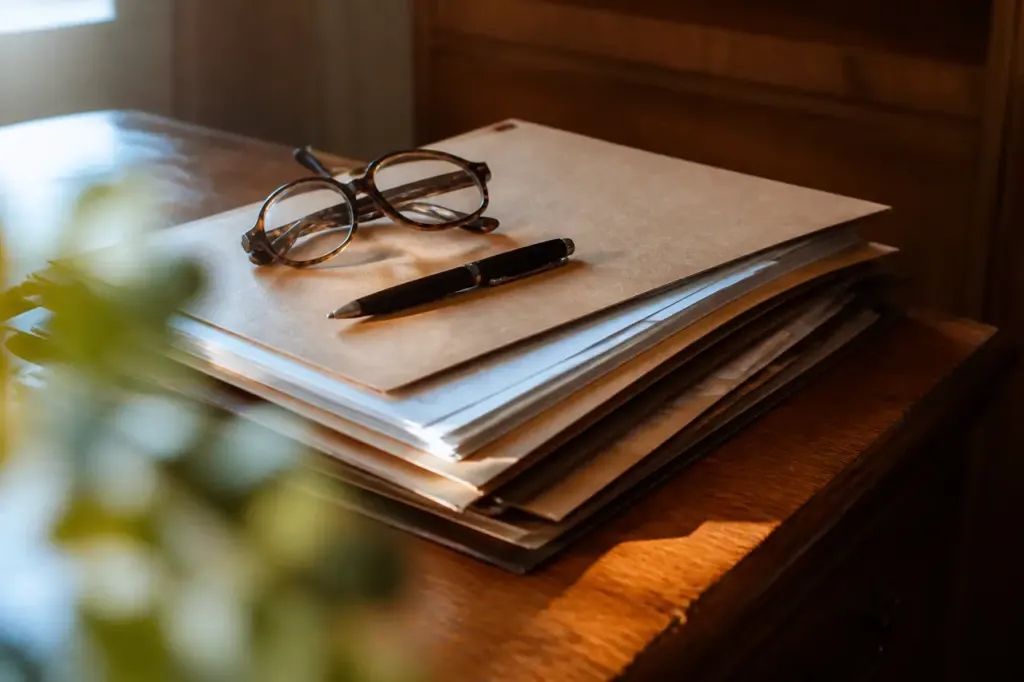 Dossiers papier, stylo et lunettes sur bureau en bois